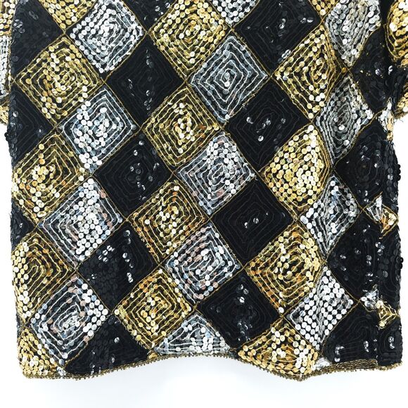 Vtg Scala Sequin Harlequin Silk Blouse Beaded Neck & Hem Short Sleeve Blouse PL - Picture 11 of 14